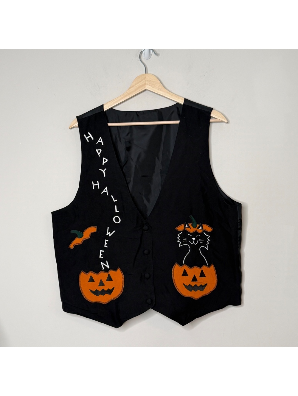 Vintage Black Silk Pumpkin Black Cat Vest Halloween Fall Applique Button Front